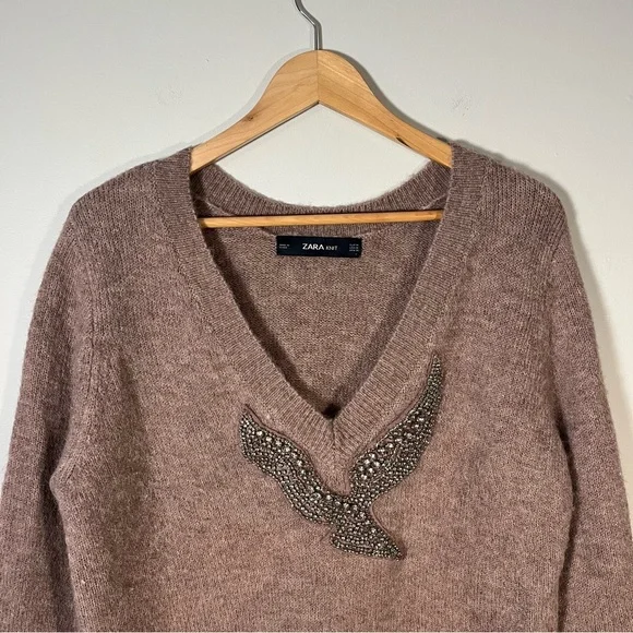 Zara Alpaca Blend Pink Diamanté Beaded Sparkle V Neck Sweater Medium - Picture 3 of 6
